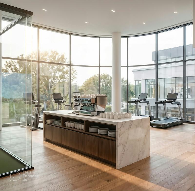 Bright private gym with floor to ceiling windows